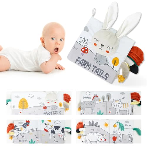 Blublu Park Baby Books Toys, Crinkle Soft Cloth Baby Books 3D Touch and Feel High Contrast Sensory Baby Toys, Activity Early Education Stroller Toy for Babies Toddlers, Rabbit