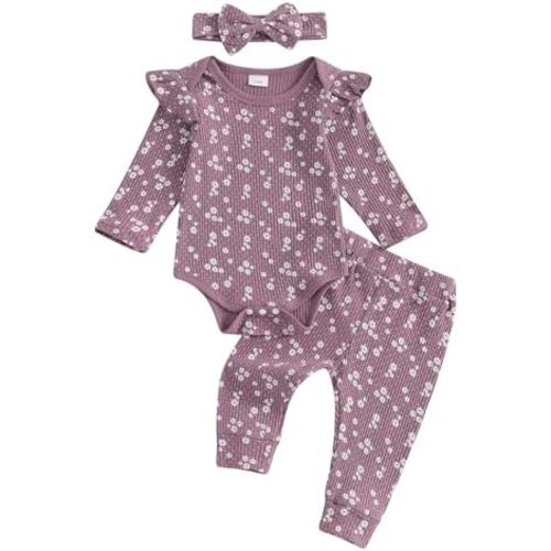 Hnyenmcko Newborn Baby Girl Fall Outfits Rib Frill Long Sleeve Ruffled Romper Solid Pants Headband Set 3Pcs Winter Clothes