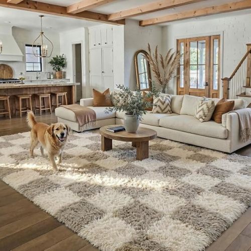 Grey 5x8 Area Rug for Living Room Soft Checkered Shag Carpet | Machine Washable, Non-Slip, Gray and White, Fluffy, High Pile, Cozy for Bedroom, Kids Room, Nursery, Office, Modern Decor