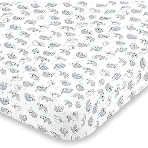 NoJo Super Soft Grey, White and Aqua Sloth Fitted Crib Sheet
