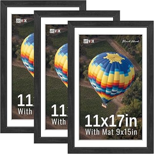 VCK 11x17 Poster Frames Black 3 Pack, Wide Border Solid Wood, Tempered Glass, Display 9x15 Picture Photo with Mat or 11 x 17 Without, for Home, Office, Gallery, Woodgrain Series, Wall Hanging