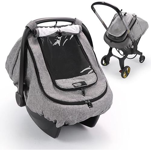 Waterproof Car Seat Cover for Baby, 2-Layer Car Seat Rain Cover with Clear Window & Sunshade & Mesh Cover, Universal Infant Carseat Canopy for Stroller, Protect from Rain and Snow - Gray