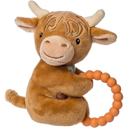 Mary Meyer Soft Baby Rattle with Soothing Teether Ring, 6-Inches, Hetty Highland Cow