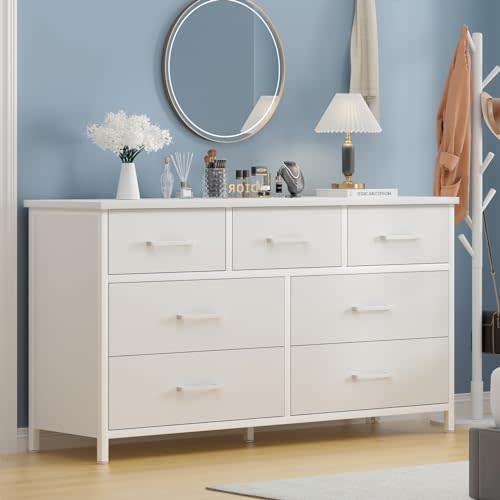 IKENO 7 Drawer White Dresser, Industrial Wood Storage Dressers & Chests of Drawers with Sturdy Steel Frame, White Dresser for Bedroom