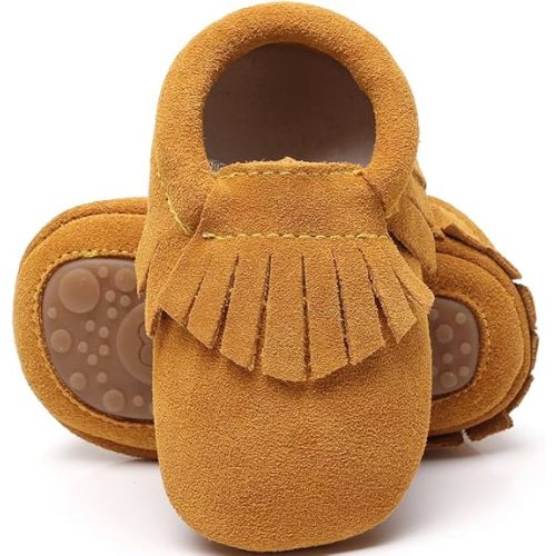 HONGTEYA Leather Baby Moccasins Hard Soled Tassel Crib Toddler Shoes for Boys and Girls…