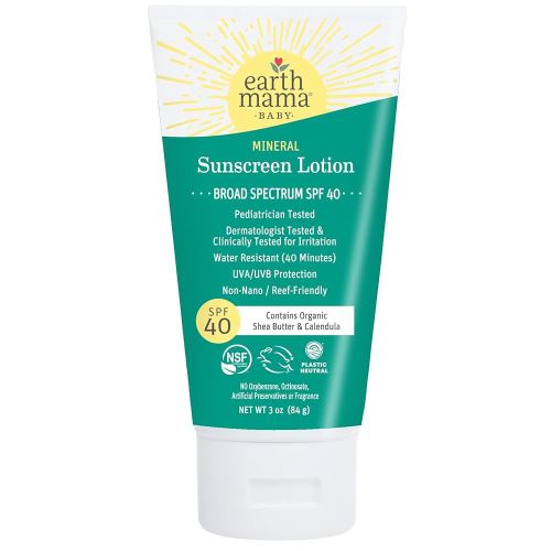 Earth Mama Baby Mineral Sunscreen Lotion SPF 40 | Non-Nano Zinc, Natural Water Resistant Sun Cream for Babies, Kids & Adults, 3-Ounce