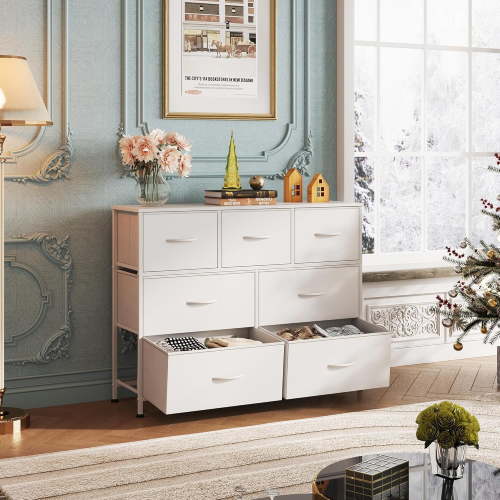 Dresser for Bedroom, Chests of Drawers, Storage Organizer with 7 Drawers, Sturdy Metal Frame, Wood Tabletop for Guest Room, Closet, Entryway, Nursery, White