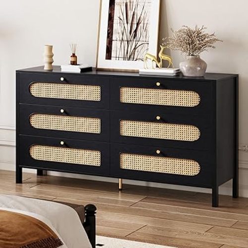 DWVO Natural Rattan 6 Drawer Dresser-Wooden Black Boho Double Dresser Chest of Drawers with Golden Handles-Modern Large Closet Dressers Storage Cabinet for Living Room/Hallway/Entryway