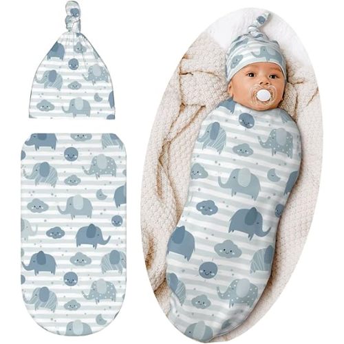 Cute Elephant Baby Stuff Swaddle Blanket Hat Set for Boys Girls, Soft Newborn Sleeping Sack Receiving Blanket Shower Gift