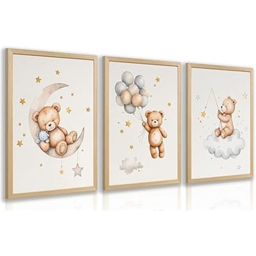 Clicyre Cute Teddy Bear Wall Art Set of 3, Sleeping Bear Balloon Moon and Star Canvas Prints, Neutral Boho Baby Room Wall Decor for Boy Girl Nursery Bedroom Playroom Wood Framed 12x16 Inch