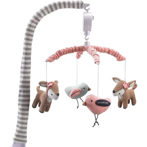 Lolli Living Baby Crib Musical Mobile w/Sparrow & Deers - Knitted Woodland Bird Safari Animal Characters | Hanging Decor w/Electronic Music Box for Newborn & Nursery Bedding/Crib | Baby Girl