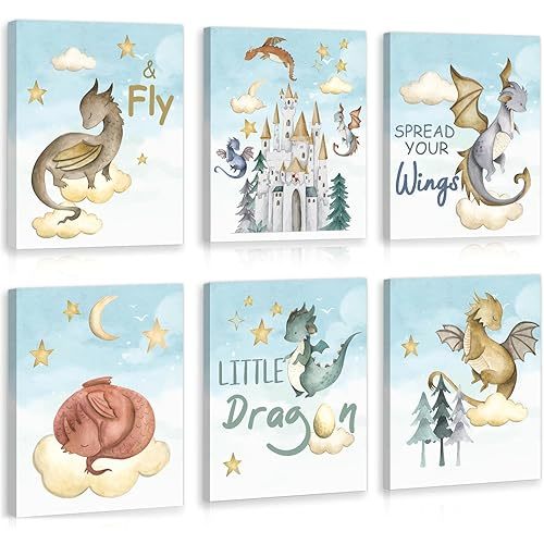 CHDITB Dinosaur canvas Wall Art Nursery Wall Decor, Set of 6(8x10 inch) Cute Dream Dinosaur Cub Framed Art Prints, Sacinora Baby Dinosaurs Cartoon Castle Animals Poster Picture For Boy Kids Room Bedroom Children's Room Art Decorations