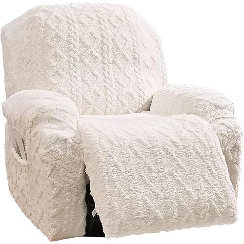 4 Pieces Oversized Recliner Chair Covers, Geometric Jacquard Plush Recliner Slipcovers, Couch Sofa Covers, Soft Fuzzy Fluffy Anti-Slip Furniture Protector for Cats Dogs Elastic Bottom (Cream,1 Seat)
