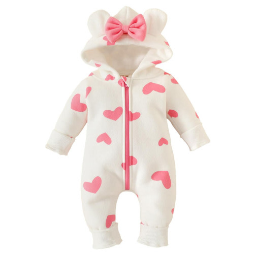 WIBACKER Newborn Baby Girl Fall Winter Outfit Infant Hooded Jumpsuit with Thin Fleece Lining LOVE Pattern Warm Snowsuit