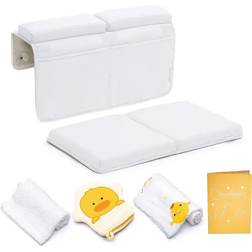 Bath Kneeler and Elbow Rest Pad, Extra Thick Baby Bath Kneeling Pad and Elbow Pad for Bathtub. Bath Tub Elbow Pad with Infant Toy and Baby Accessories Organizer, Off White Color