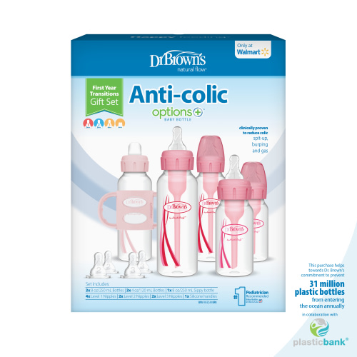 Dr. Brown's Natural Flow Anti-Colic Options+ First Year Baby Bottle Gift Set, Pink, 100% Silicone Sippy Spout & Handles, Newborn to Toddler, BPA free, 0m+