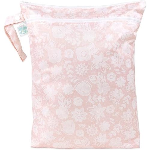 Bumkins Waterproof Wet Dry Bag for Baby, Travel, Swim Suit, Cloth Diapers, Pump Parts, Pool, Beach, Gym Clothes, Toiletry, Hook to Stroller, Daycare, Zipper Reusable Wetdry Packing Pouch, Floral Gray