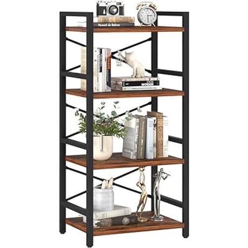 Yoobure 4 Tier Bookshelf - Small Book Shelf Industrial Bookcase, Narrow Book Case Book Storage Organizer for CD/Movie/Book, Bookshelves for Bedroom Office Living Room Berry Brown