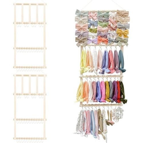 POVETIRE Headband Holder Hair Bows Organizer for Girls, Baby Headbands Hair Accessories Organizer Storage Wall Hanging Decor for Toddler Girls Room - Beige-2piece