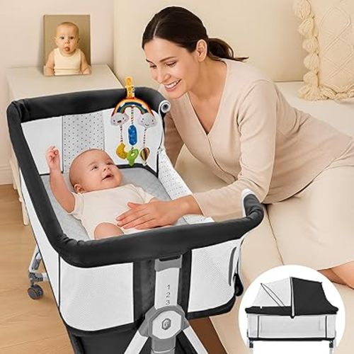 4-in-1 Baby Bassinets Bedside Sleeper, Bedside Bassinet with Wheels, 6-Height Adjustable Bassinet with Soft Mattress, Mosquito Net, Soothing Toy for Newborns & Infants(Black)