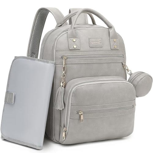 Vegan Leather Diaper Bag Backpack for Boy Girl with Changing Pad and Pacifier Case, Waterproof, Travel Baby Bag Backpack for Mom Dad, Perfect Baby Shower Gifts, Grey