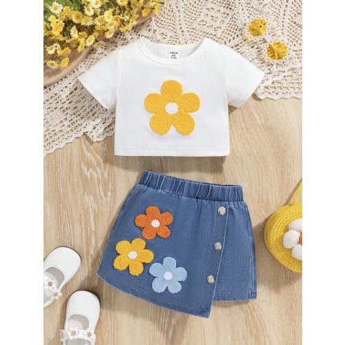 SHEIN Ranchside Kids 2pcs/Set Baby Girl Summer Short Sleeve Round Neck Floral Embroidered Top & Denim Skirt Outfits | SHEIN USA
