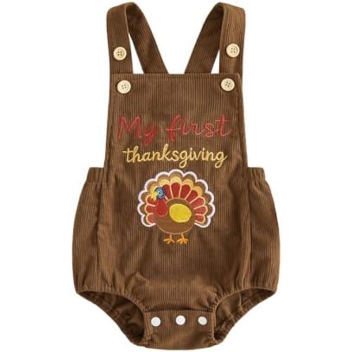 Newborn Baby Boy Girl Thanksgiving Outfit Infant Corduroy Overall Bubble Romper Turkey/Croissant Sleeveless Bodysuit