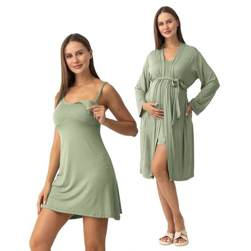 SUNNYBUY Nursing Nightgown & Maternity Robe Set for Postpartum Sleepwear | Built-In Bra, Clip-Down Nursing Dress, 3 in 1 Labor Delivery Breastfeeding Gown, Hospital Bag Pajamas