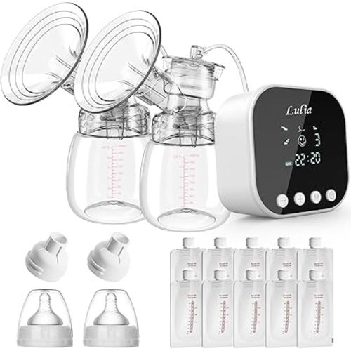 Lulia Double Electric Breast Pump Strong Suction, Portable Breast Pump Electric Breastfeeding Pump, Rechargeable Milk Pump with 4 Modes & 9 Levels, Low Noise, Anti-Backflow & LED Display, 24mm Flange
