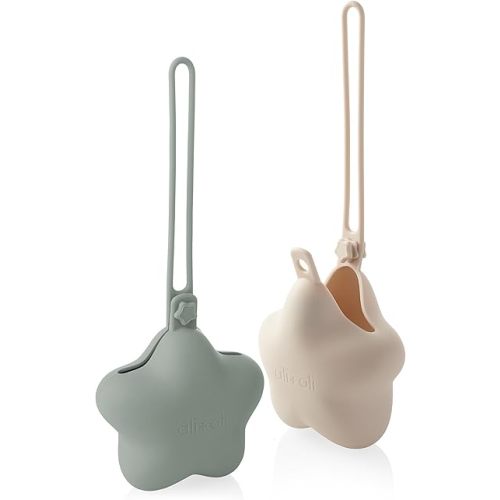 Ali+Oli BPA-Free Silicone Pacifier Holder Case (2-pk) Diaper Bag Accessory Newborn Travel Baby Pacifier Pouch (Sage-Sand)