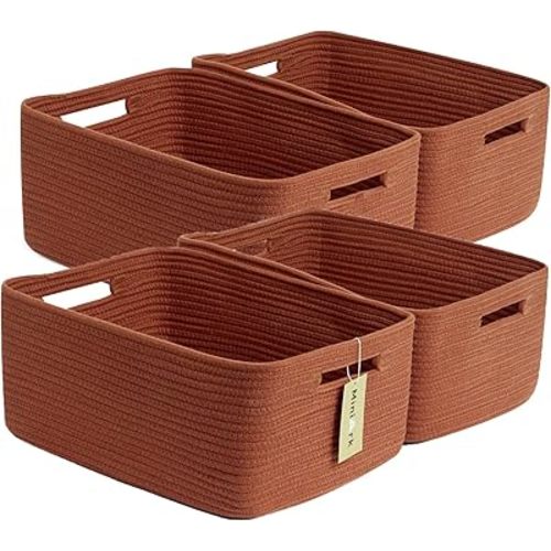 Large Storage Baskets for Organizing, Closet Shelf Baskets for Clothes Blanket Towels, Baby Nursery, Toy Bins Box, Woven Rope Baskets, 17 x 13 x 7.5”, 4 Packs Oxide Red