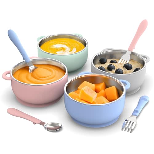 Bakpoco Toddler Feeding Suction Bowls and Utensils Set, 2-in-1 Stainless Steel 304 Kids Bowl & Silicone Suction Baby Bowl with Spoons and Forks, First Self-feeding Training Set, Sunrise Meadow