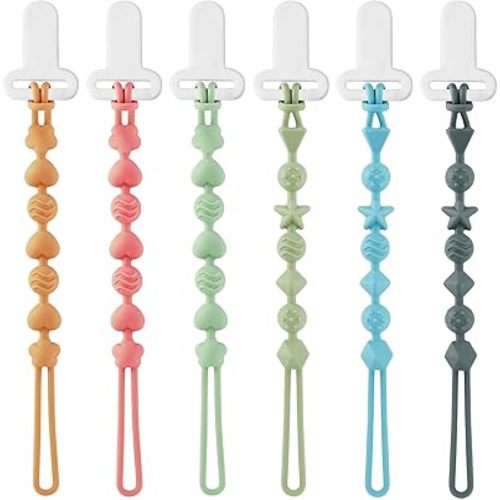 PandaEar 6 Pack Silicone Pacifier Clips, One Piece Design Teething Pacifier Holder Clip, Neutral Baby Paci Clips Boys & Girls, Binky Clips Pacifier Straps Chain for Toys Teethers
