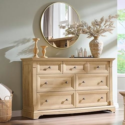 T4TREAM Farmhouse 7 Drawers Dresser for Bedroom, 54" Wide Wood Rustic Chest of Drawers w/Roman Column, Wooden Storage Dressers Organizer for Bedroom, Living Room, Closet, Oak