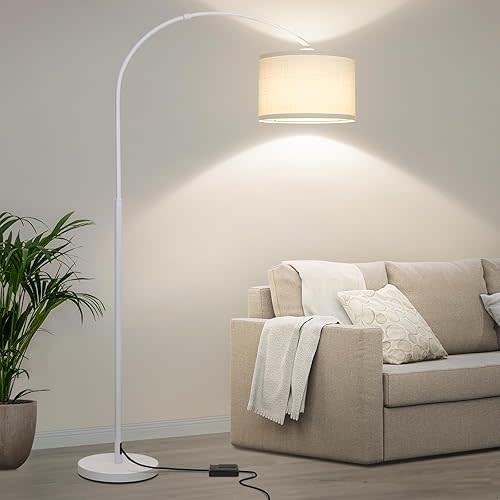 Seaside village Standing Lamp for Living Room, Dimmable Arc Floor Lamp with White Adjustable Hanging Shade, Modern Pole Lamp Tall Reading Light for Bedroom, Over Couch, Office, 9W LED Bulb Included