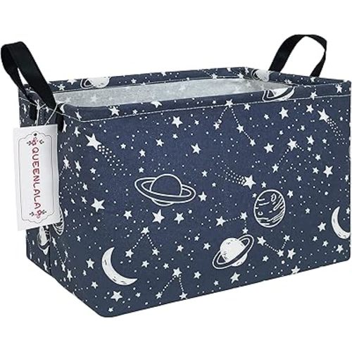 QUEENLALA Rectangular Laundry Hamper/Foldable Nursery Laundry Basket for Organizing/Storage Bin Baskets/Children Toy Office Bedroom/Toy Bin Closet Shelf Baskets（Rec-blue-starry sky）