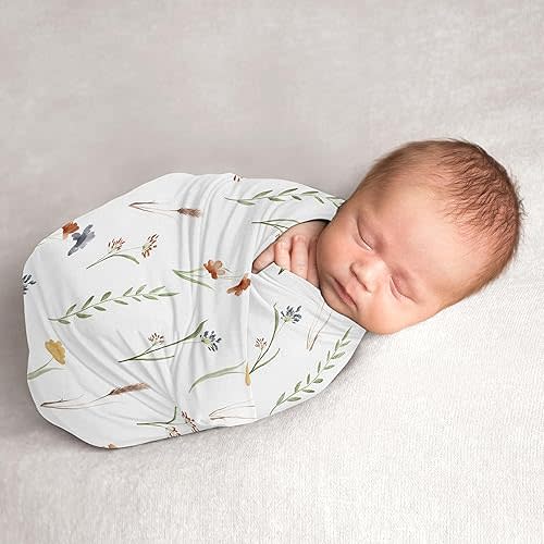 Sweet Jojo Designs Boho Floral Garden Flower Girl Baby Swaddle Blanket Infant Newborn Lightweight Jersey Stretchy Receiving Security Stroller Cover Green Watercolor Bohemian Farmhouse Vintage Shabby
