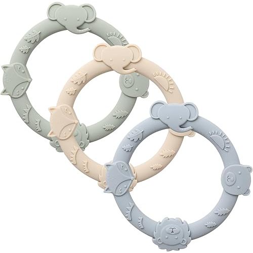 YIVEKO Silicone Teethers for Babies 0-6 6-12 Months Teething Toys for Infants Baby Chew Toys for Sucking Needs Baby Teething Rings for Infant Boys and Girls 3 Pack Animal Baby Blue