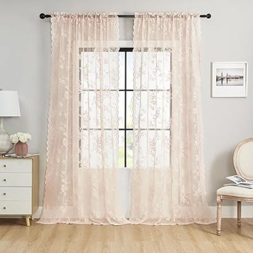 Sheer Lace Curtains 96 Inches Long 2 Panels Vintage Floral Curtains for Living Room Bedroom Girls Room Rod Pocket Light Filtering Shabby Chic Victorian Drapes French Window Decor, 52x96 Blush Pink