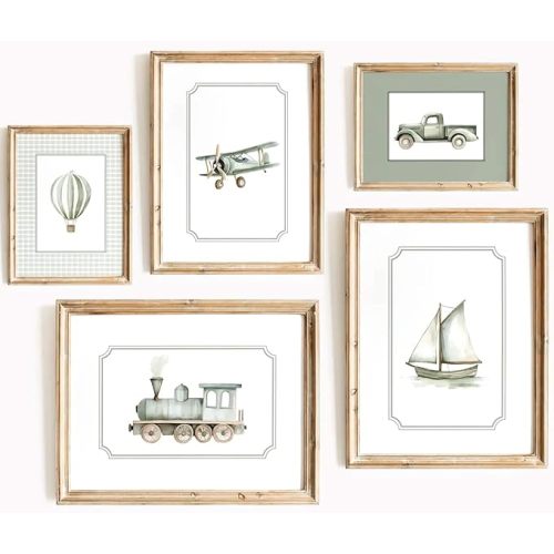 Sage Green Nursery Wall Art Boys Room Canvas Poster Kids Wall Decor Vintage Vehicle Prints Baby Toddler Pictures Transportation Plane Painting Train Truck Artwork for Bedroom 8x10 Inch Unframed