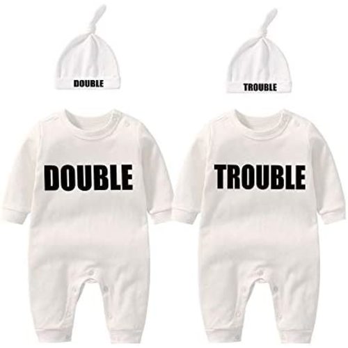 YSCULBUTOL Baby Twins Bodysuits Funny Double Trouble Cute Girl Romper Twin Jumpsuits Hat Set