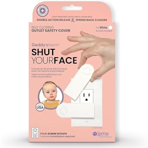 Self-Closing Outlet Cover and Plate for 2-Screw (Decora) OUTLETS | Geddy's Mom Shut Your Face | Safety Socket Covers | Double-Action Release Spring-Back Cover | Baby Proofing | 2-Screw Outlets