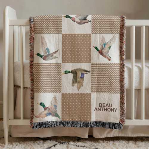 Personalized Baby Blanket with Flying Duck, Neutral Patchwork Nursery Throw, Mallard Throw For Boys or girls, Baby Shower Gift For Hunters