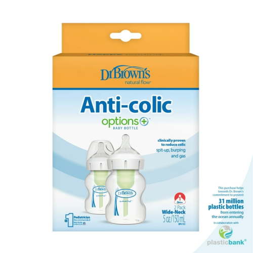 Dr. Brown's 5oz Anti-Colic Wide-Neck Baby Bottle, Level 1 Nipple, 2-Pack, for 0m+ with Natural Flow Options