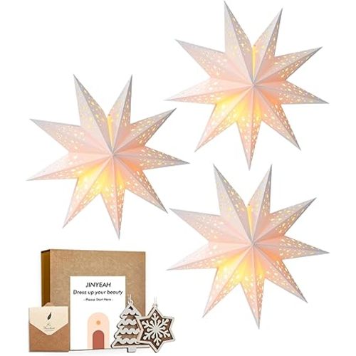 Paper Star Lantern 3PCS Christmas Paper Stars Lampshade 13.78 inch Hanging 3D Christmas Pentagram Lampshade 9 Points Lantern Foldable for Xmas Wedding decoración navideña