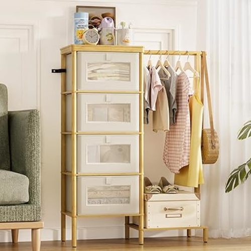 Bamboo Dresser with Hanging Rack, 4-Drawer Small Closet Organizer for Bedroom, Tall Storage Tower with Clothes Rack, Natural Wood 41.4" H x 31.3" W–Space-Saving Design, Easy Assembly