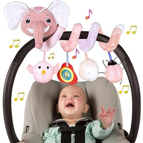 Car Seat Toys for Babies 0-6 Months, Infant Spiral Activity Toys Baby Gril Car Seat Toys 6-12 Months Hanging Stroller Toys for Baby Girls 0-6 Months with Musical Owl Rattle Sheep - Pink Elephant