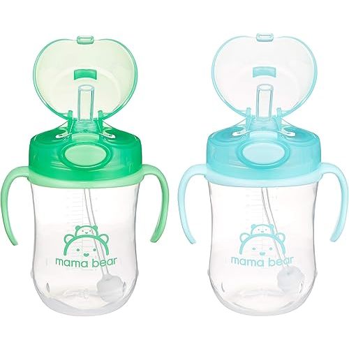 Amazon Brand - Mama Bear Silicone Weighted Straw Sippy Cup, 9 Ounces, Pack of 2, Blue/Green