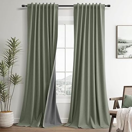 Sage Green Blackout Linen Drapes Curtains for Living Room 84 Inch Length 2 Panels Set Farmhouse Elegant Back Tab Thermal Insulated Noise Cancelling Bedroom Dining Room 52x84 7Ft