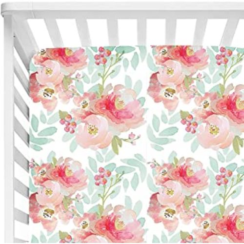 Baby Floral Fitted Crib Sheet for Boy and Girl Toddler Bed Mattresses fits Standard Crib Mattress 28x52 (Pink Mint Floral)